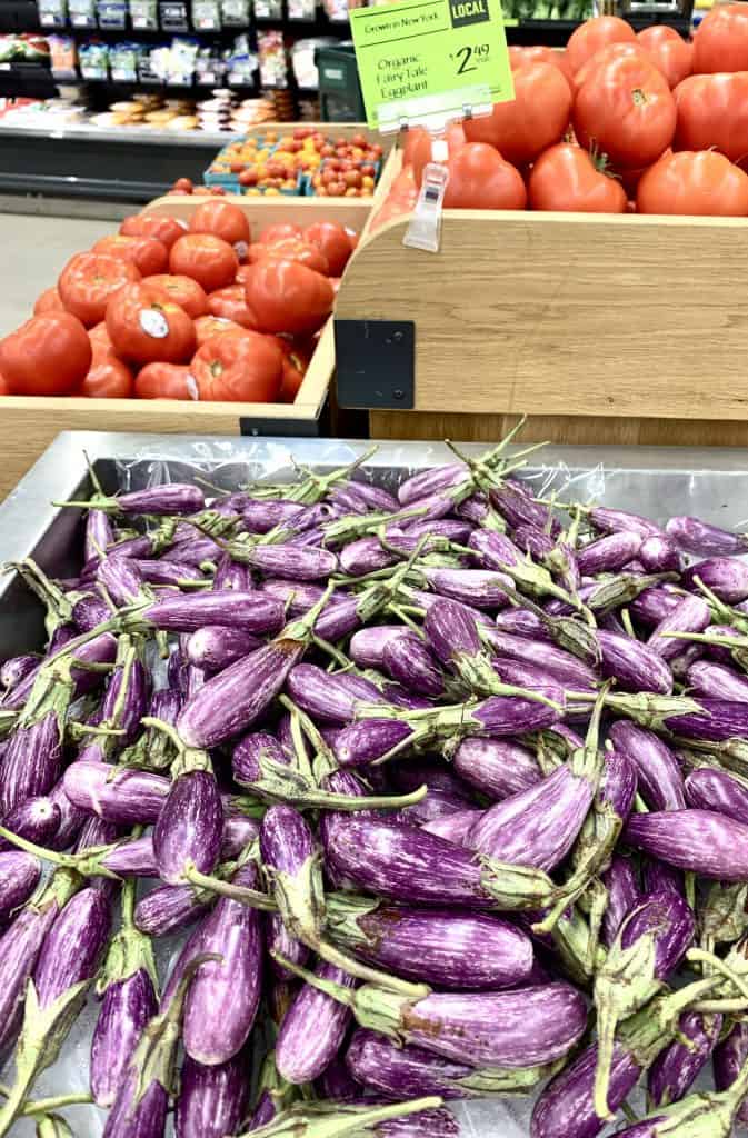 Organic fairy tale eggplant on display in market