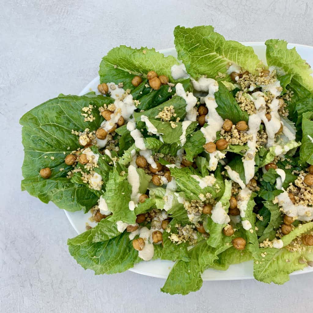 Vegan caesar salad with roasted chickpea croutons