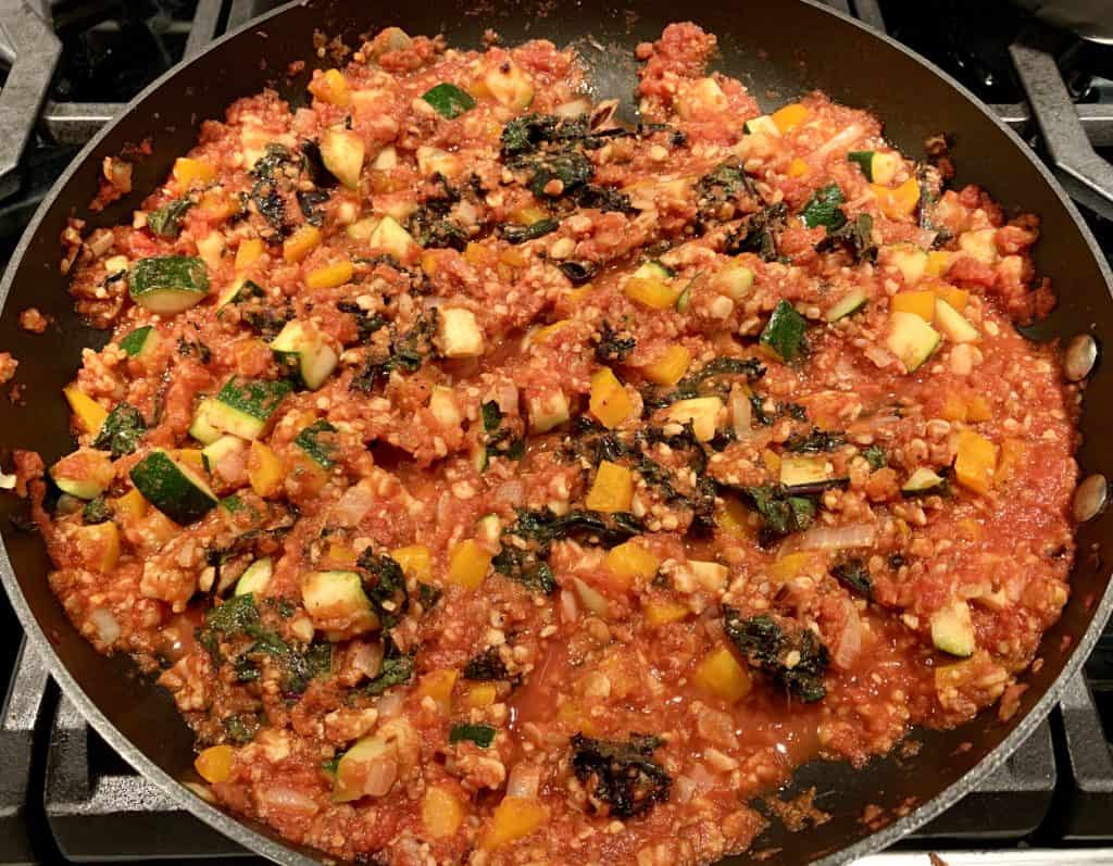 Veggie Tempeh Bolognese in pan - being cooked