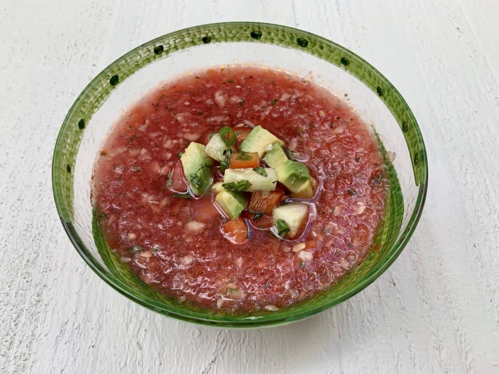 Spicy Watermelon Gazpacho displayed in a bowl