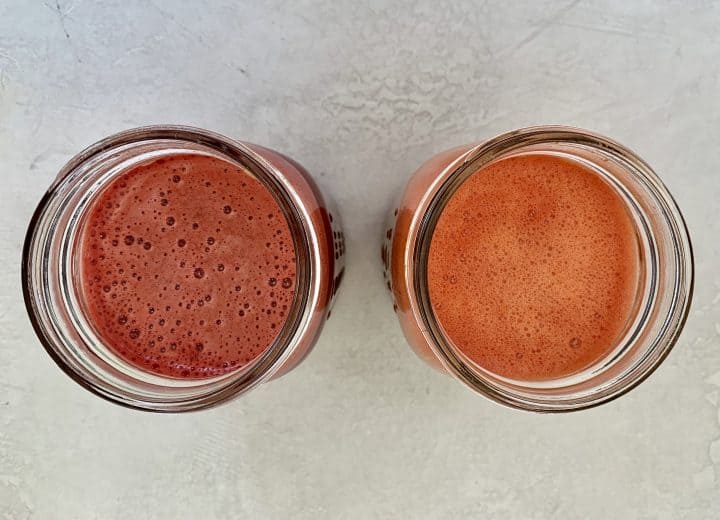 top down view of 2 mason jars with watermelon juice mixes