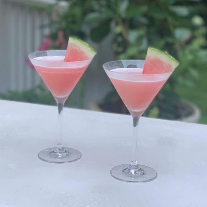 2 watermelon cosmos in martini glasses