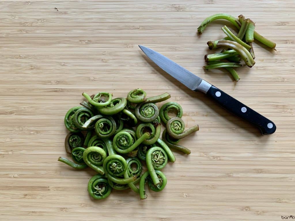 Fresh Fiddlehead Ferns ready to be trimmed